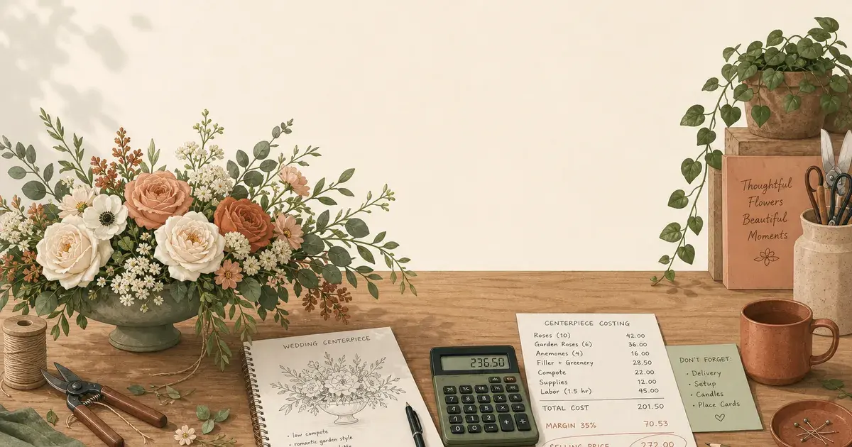 Fleuriste calculant le prix d'une composition florale