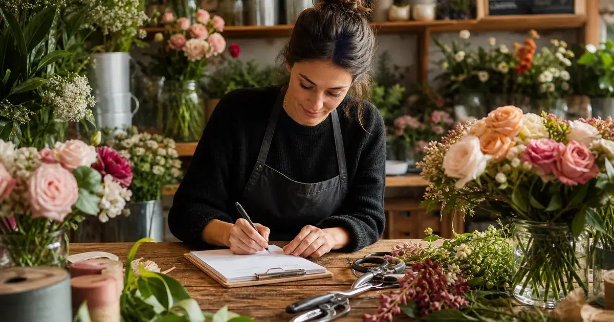 Fleuriste rédigeant un devis à son atelier