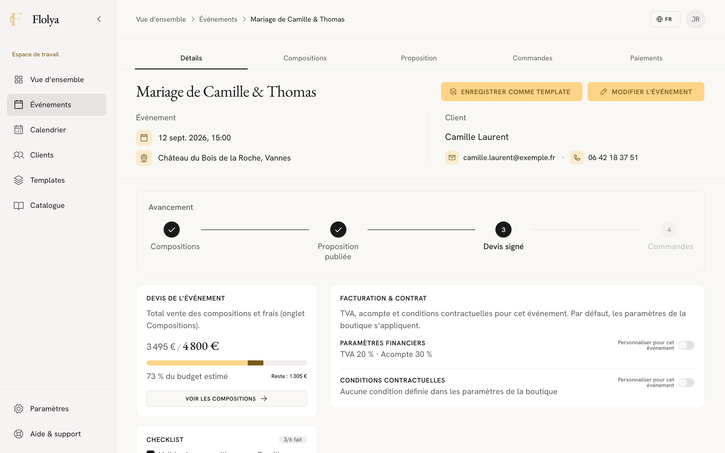 Fiche événement : avancement, budget et checklist