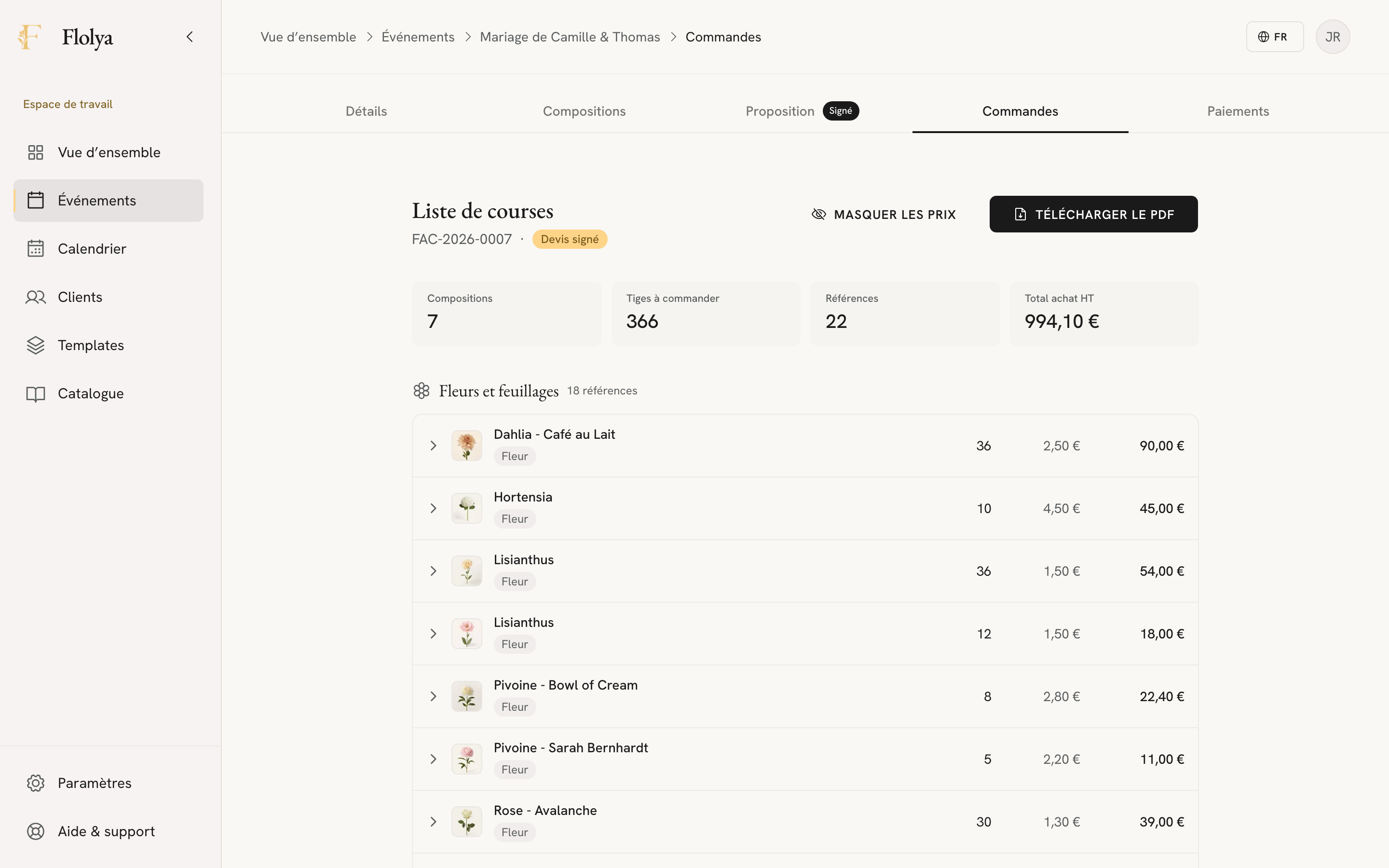 Liste de courses : tiges à commander et totaux d’achat