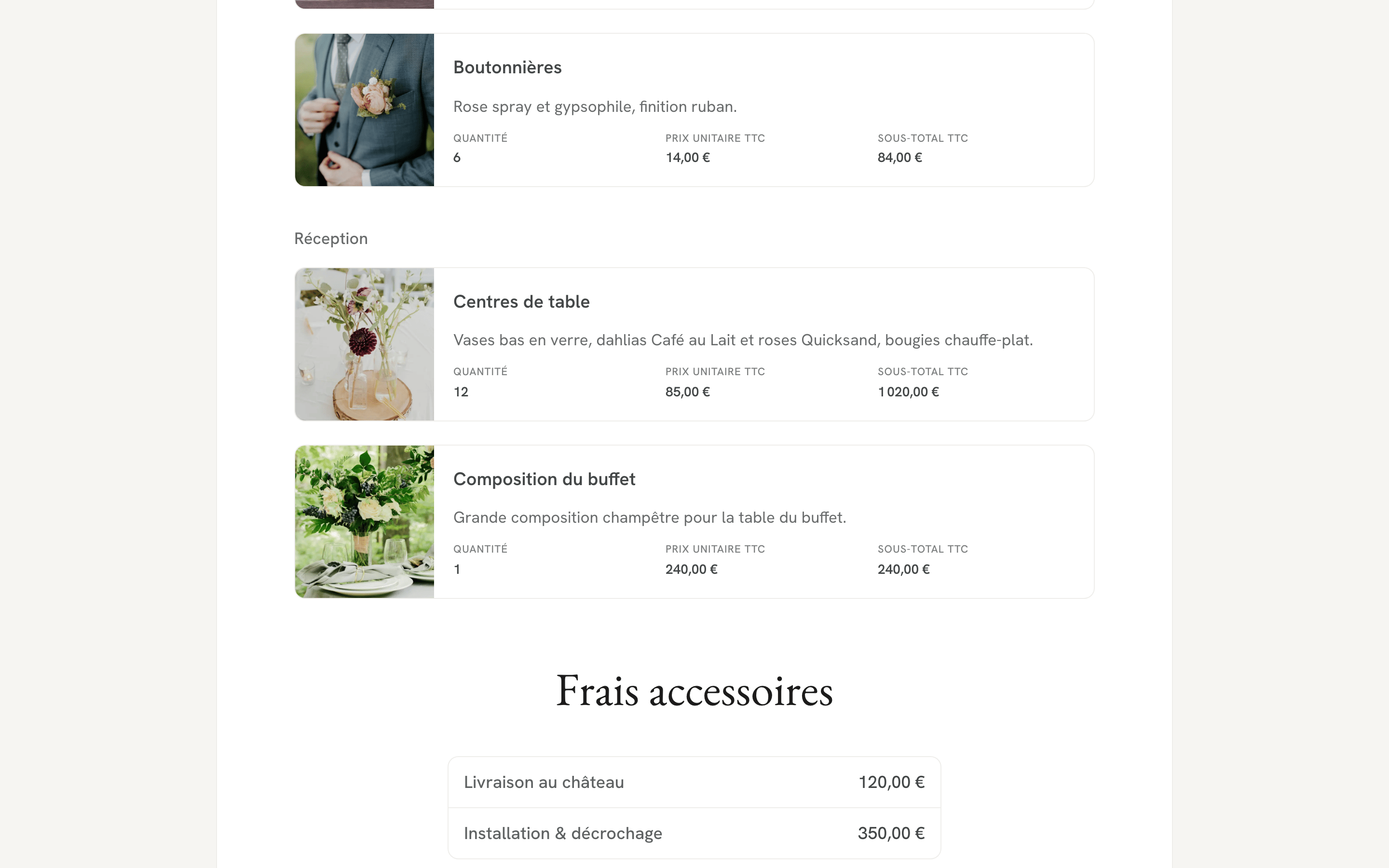Espace client : compositions détaillées et signature