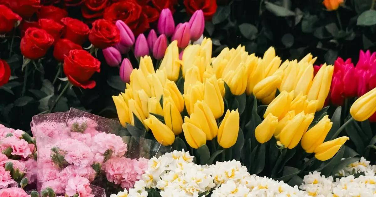 Yellow tulips, red roses and seasonal flowers on a stall