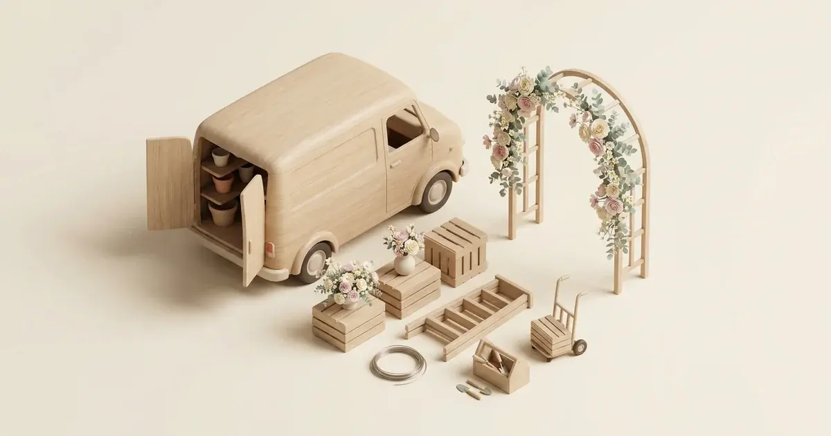 3D miniature scene: delivery van loaded with flower buckets, a floral arch being installed and crates of equipment