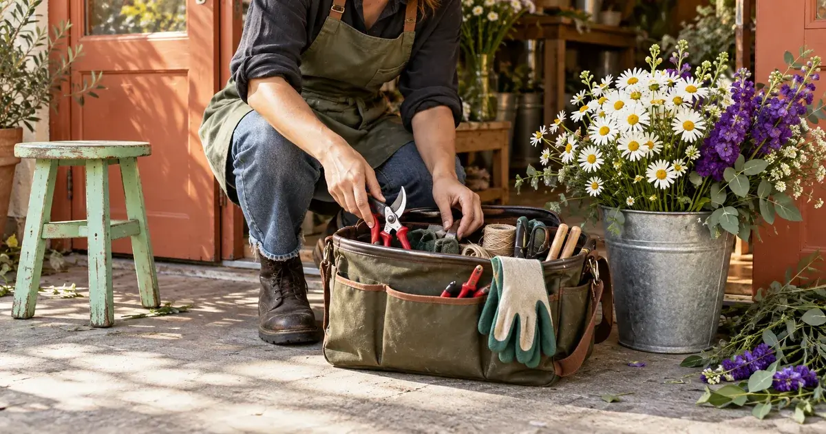 Fleuriste préparant son matériel et des fleurs de saison près d’une porte d’atelier terracotta