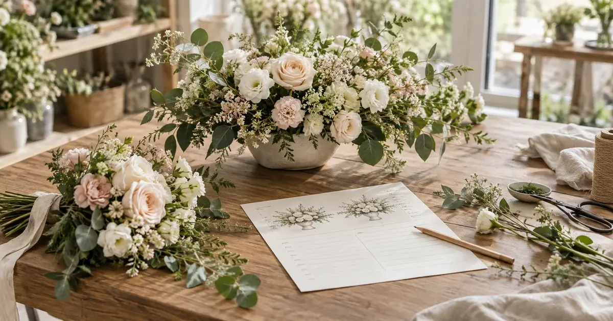 Bouquet et centre de table crème et rose près d’un croquis de décoration florale