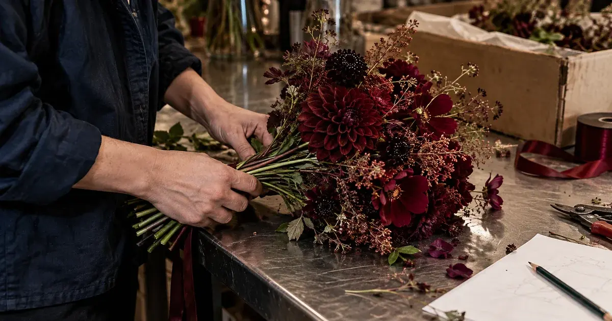 Preparing a burgundy bouquet on a metal workbench beside a project planning sheet