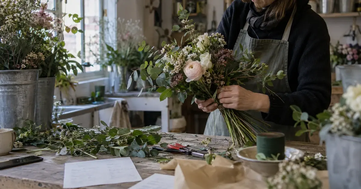 Freelance florist creating a floral arrangement in a workshop