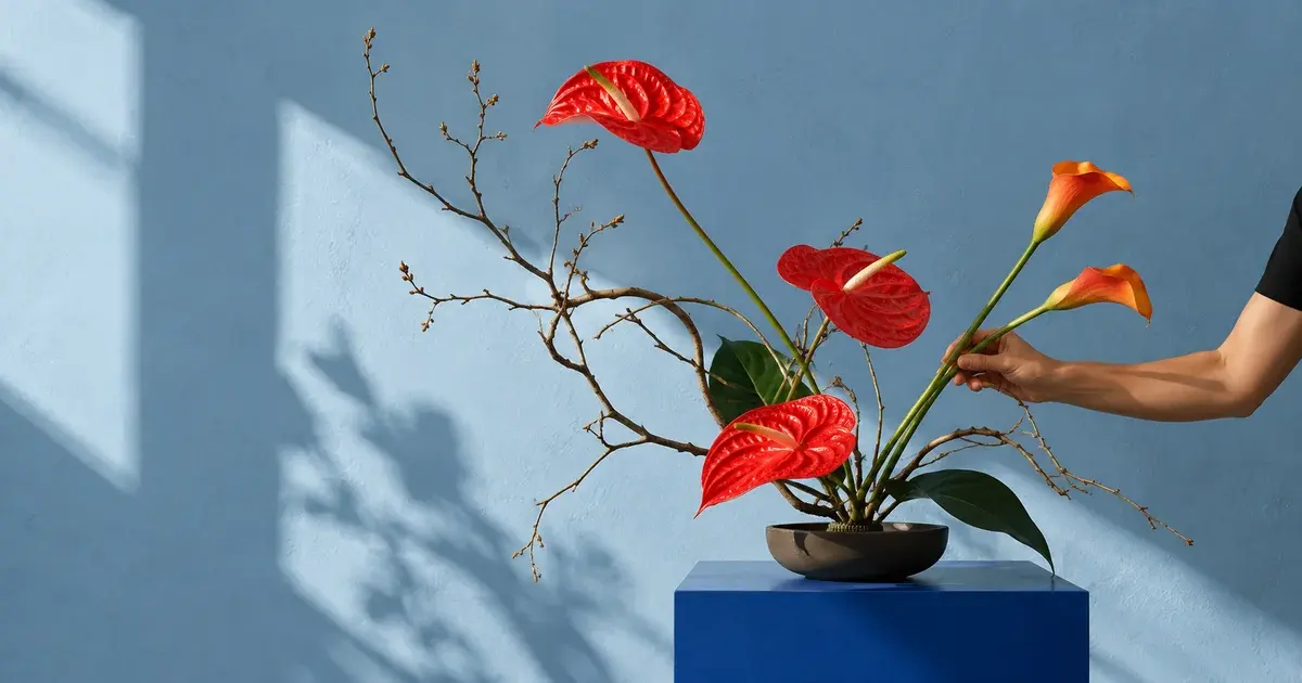 Sculptural arrangement of red anthuriums and orange calla lilies against a blue wall