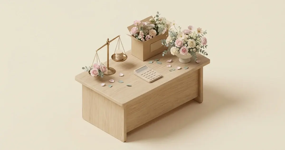 3D miniature scene: price tags, buckets of roses and a scale on a flower wholesaler counter