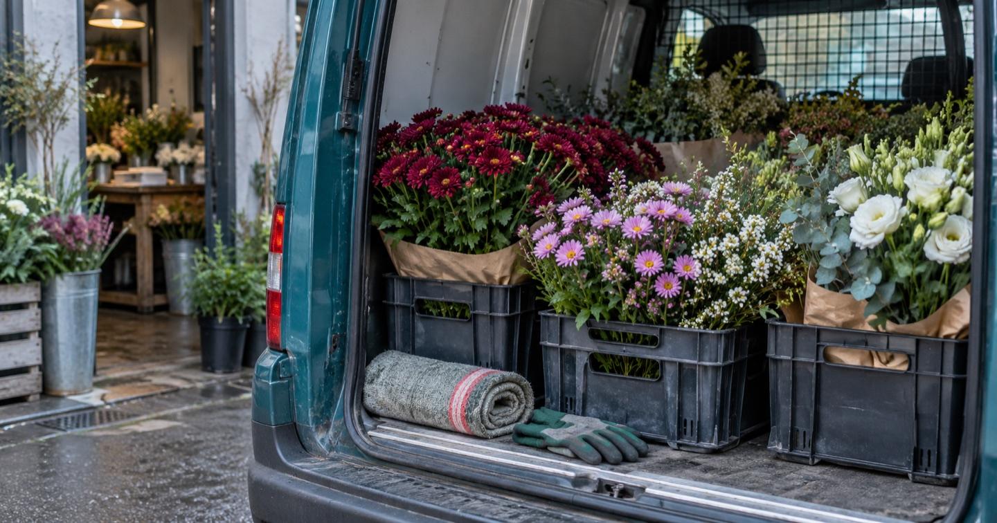 Flower arrangements in transport crates inside a blue delivery van