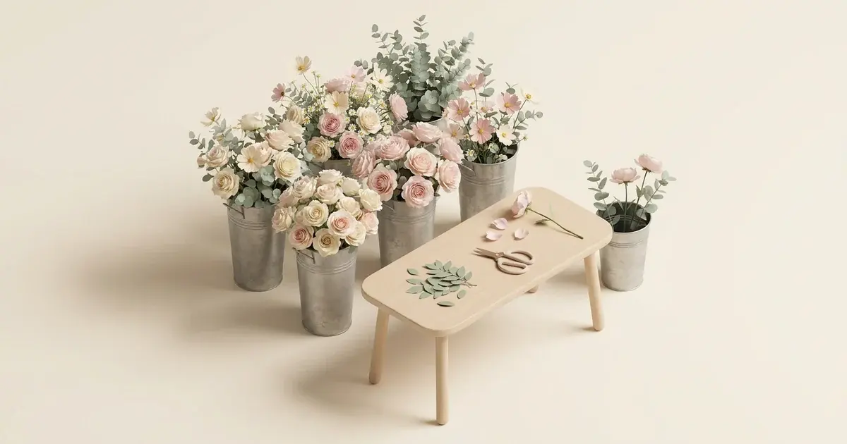 3D miniature scene: buckets of flowers, bunches and set-aside stems on a florist workbench