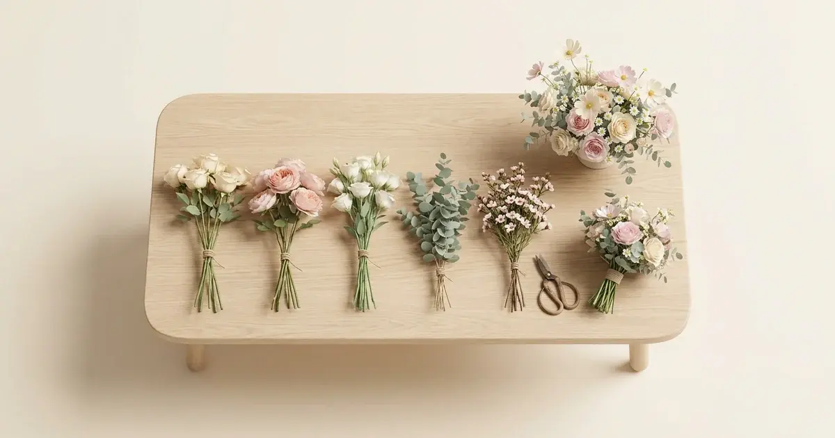 3D miniature scene: bunches of flowers, a bouquet and centrepieces on a workbench