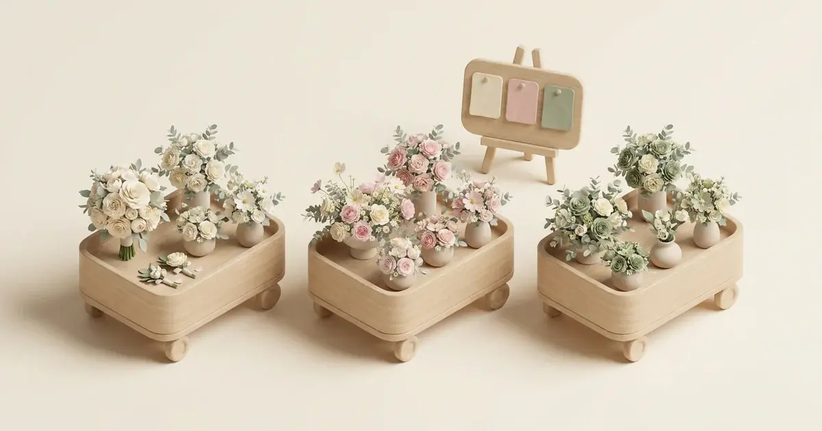 3D miniature scene: a florist workbench with two sets of buckets and finished arrangements, a weekend calendar and a delivery van