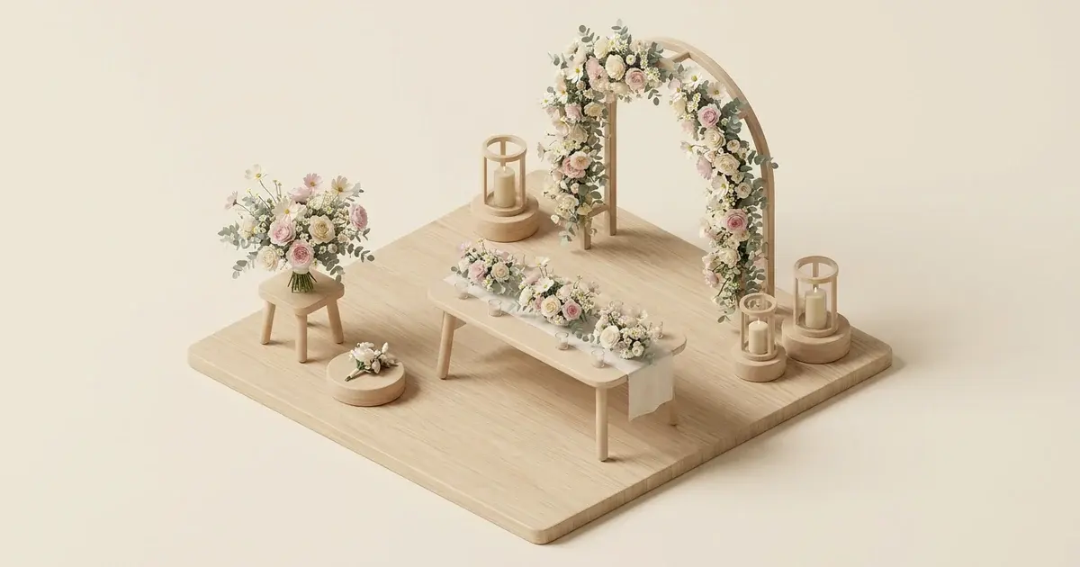 Scène miniature en 3D : bouquet de mariée, centres de table, arche fleurie et camionnette de livraison