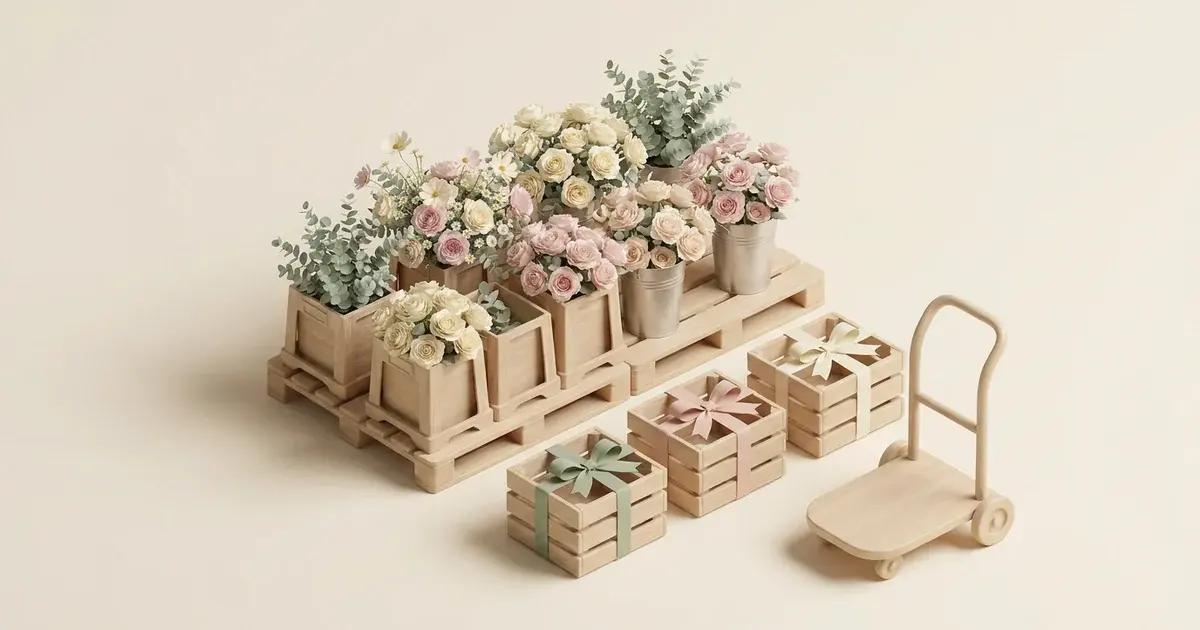 Scène miniature en 3D : cageots de fleurs triés par variété devant une liste de commande et trois étiquettes d’événements