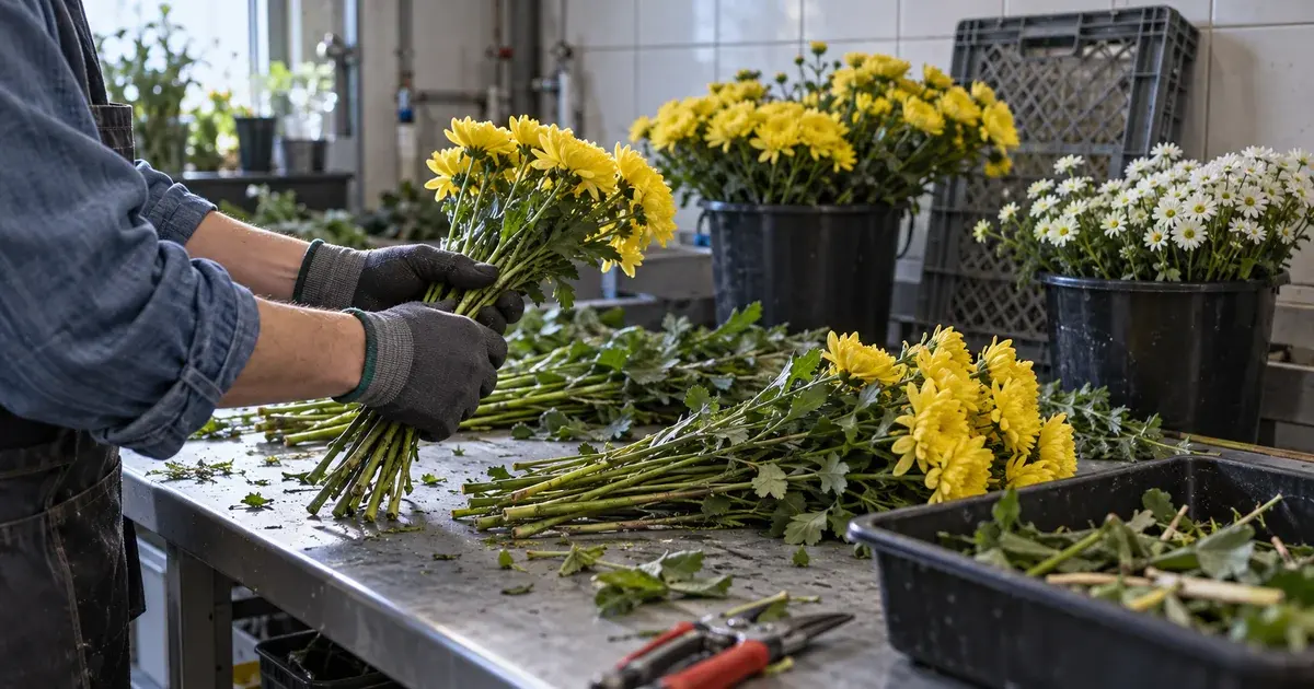 Sorting yellow chrysanthemum stems in a florist preparation room