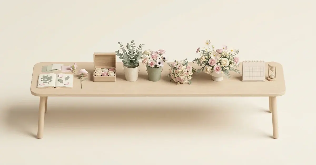 3D miniature scene: a calendar, flower boxes and installation tools laid out in the order of a wedding timeline