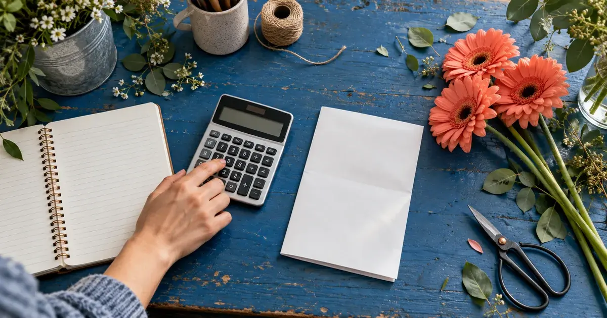 Notebook with no readable text, calculator and flower stems on a blue workbench