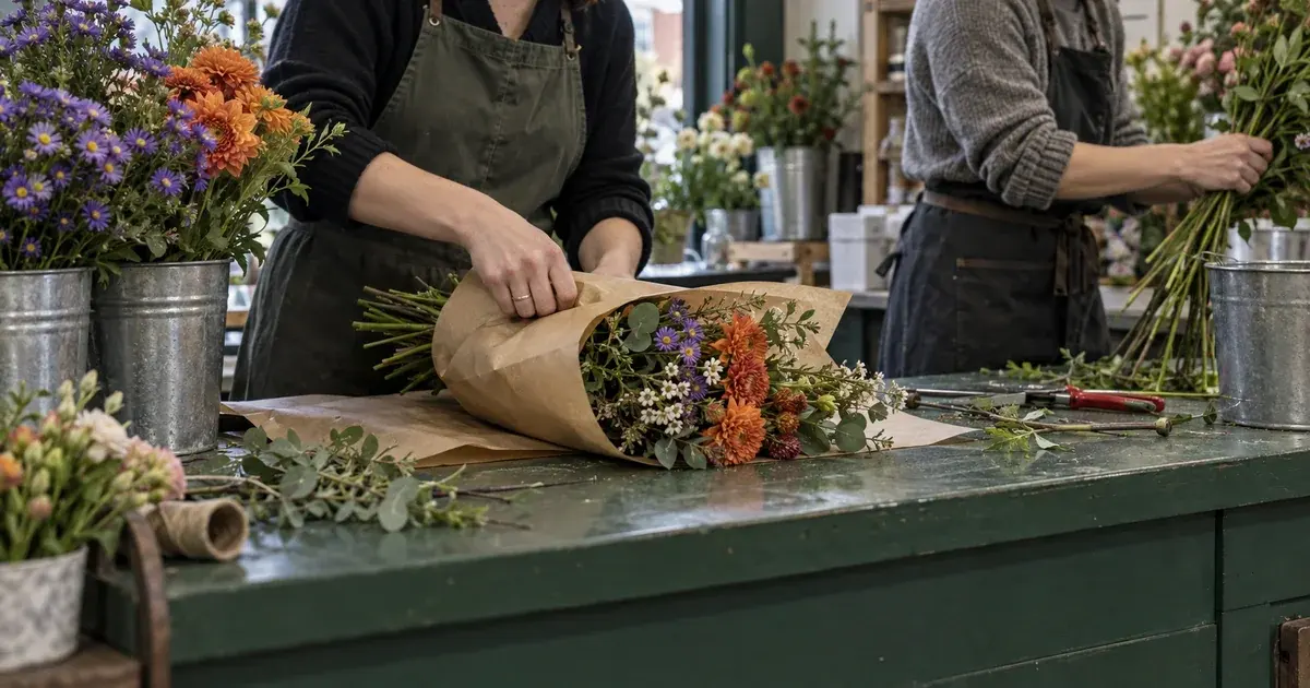 Deux fleuristes préparent des bouquets dans une petite boutique aux murs verts