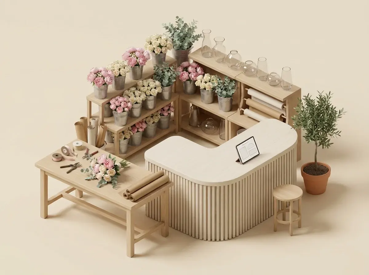 Miniature florist workshop with a counter, tablet, worktable, tools and shelves of flowers