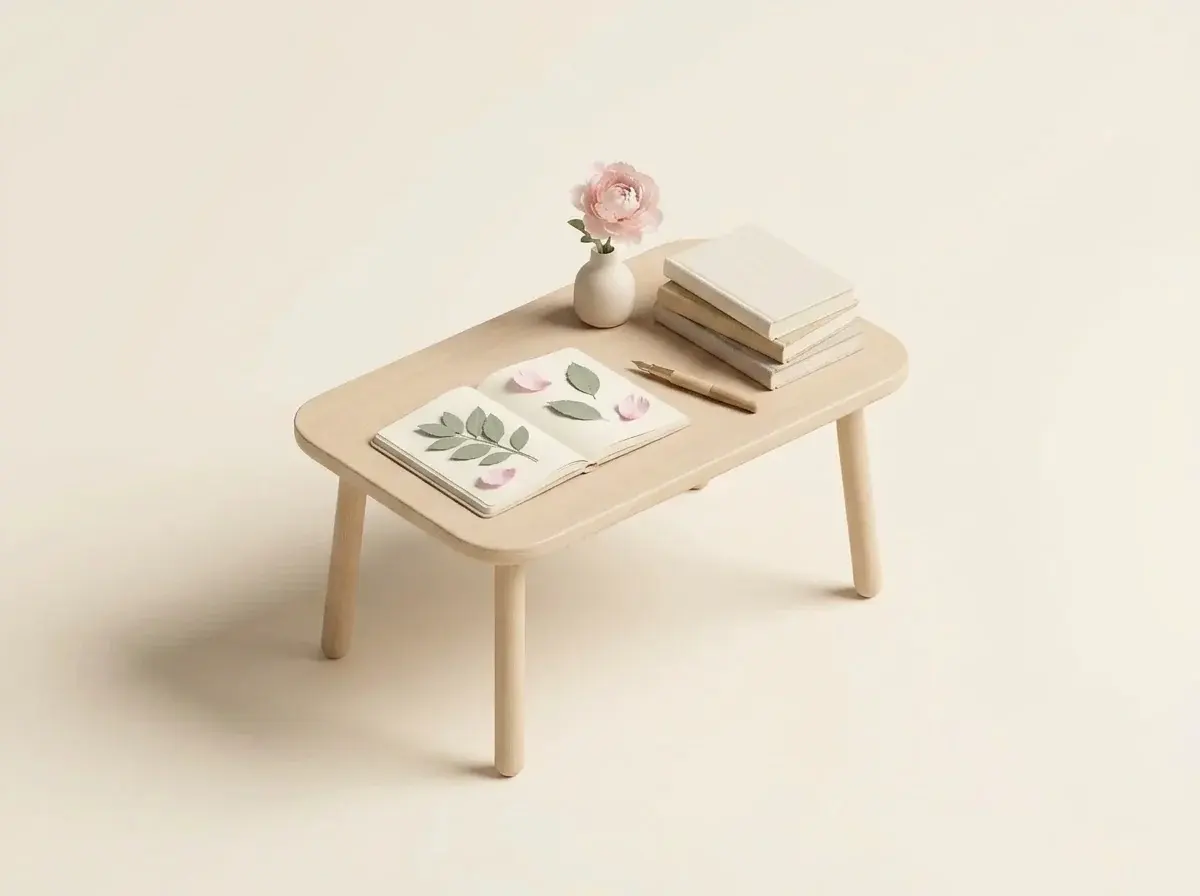 An open notebook with pressed flowers, a stack of books, a pen and a peony in a small vase on a light wooden table