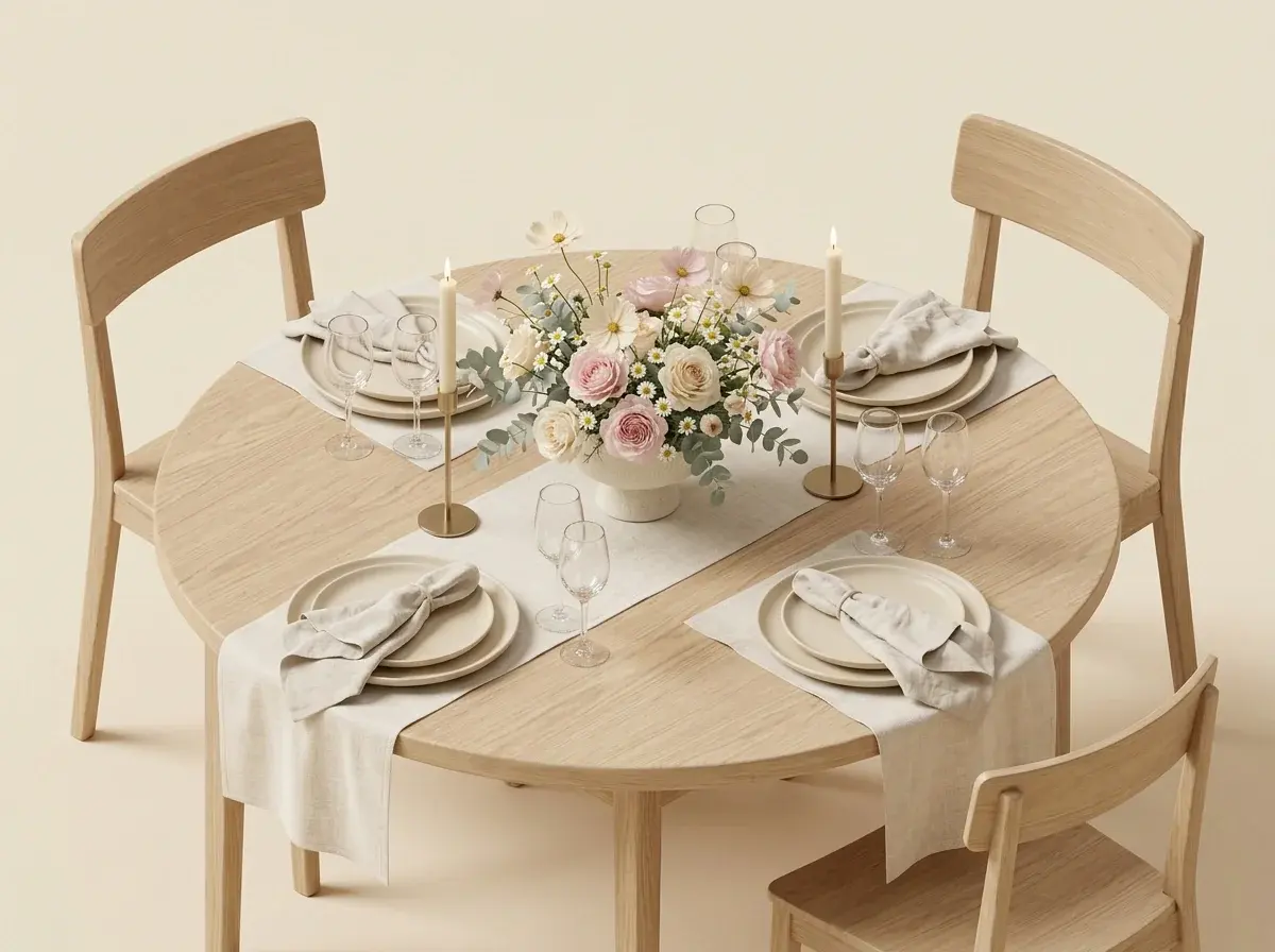Rustic floral centerpiece on a wedding table set with plates, glassware and candles