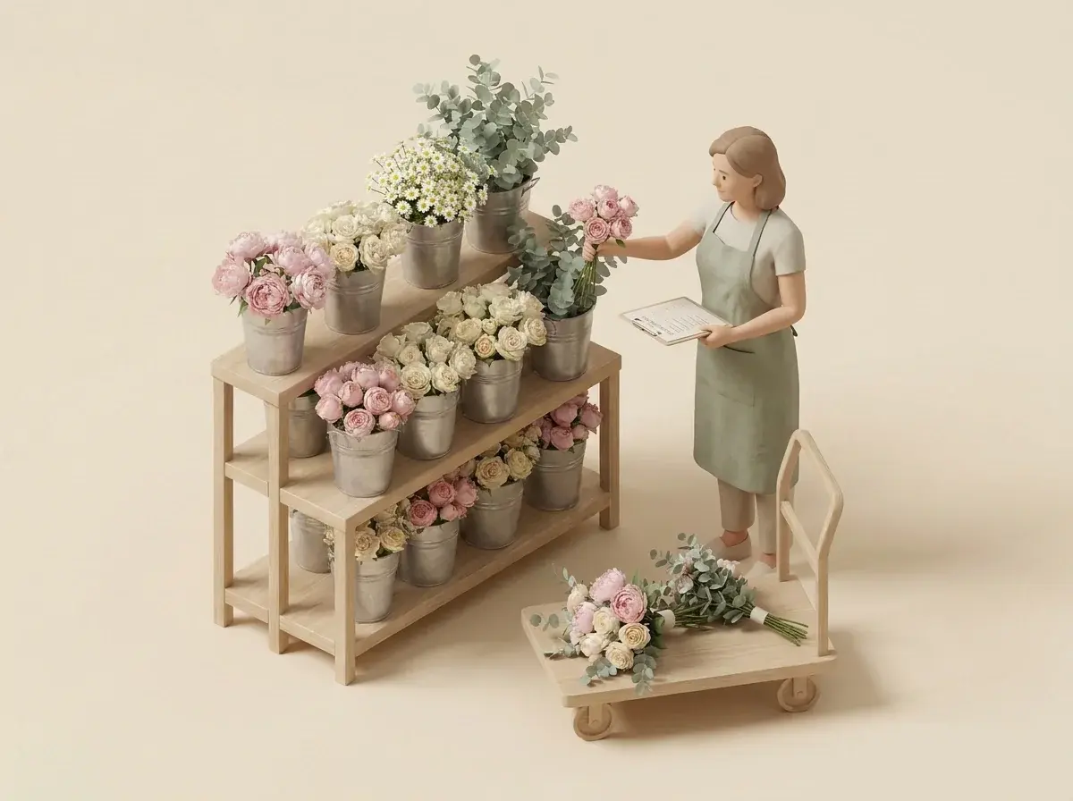 Florist selecting flowers at a wholesaler with a shopping checklist