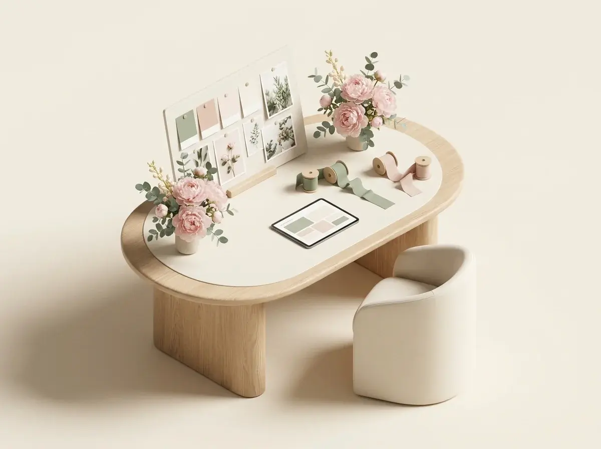 Miniature consultation table with a moodboard, tablet and flower arrangements