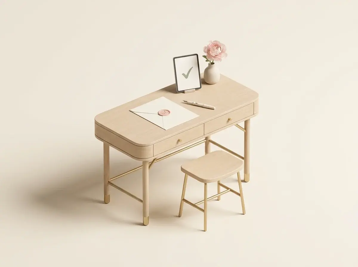 Miniature desk with a contract, fountain pen, tablet and flower vase