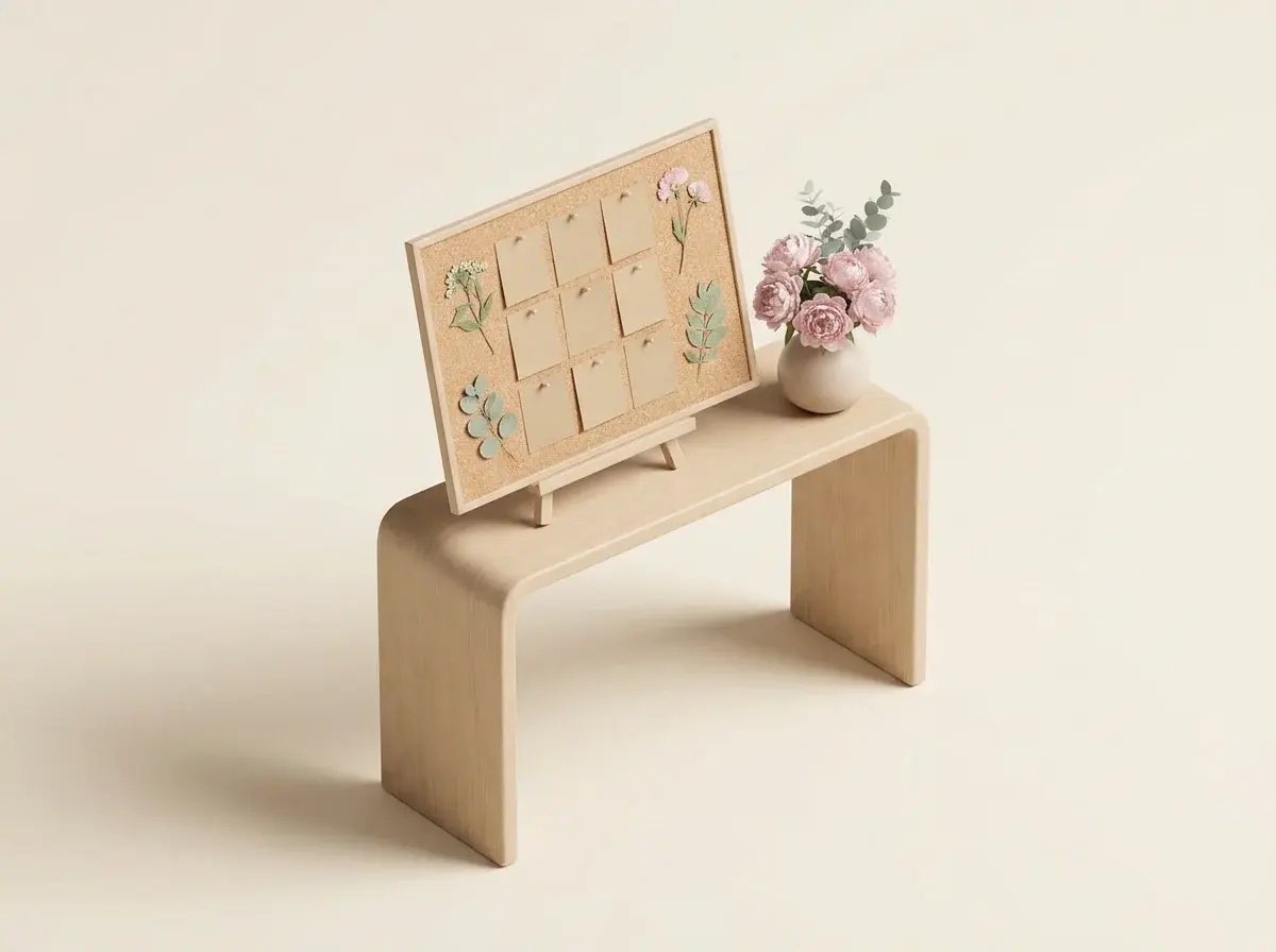 Tableau en liège sur un chevalet, avec des cartes kraft vierges épinglées, posé sur une console en bois à côté d’un vase de pivoines