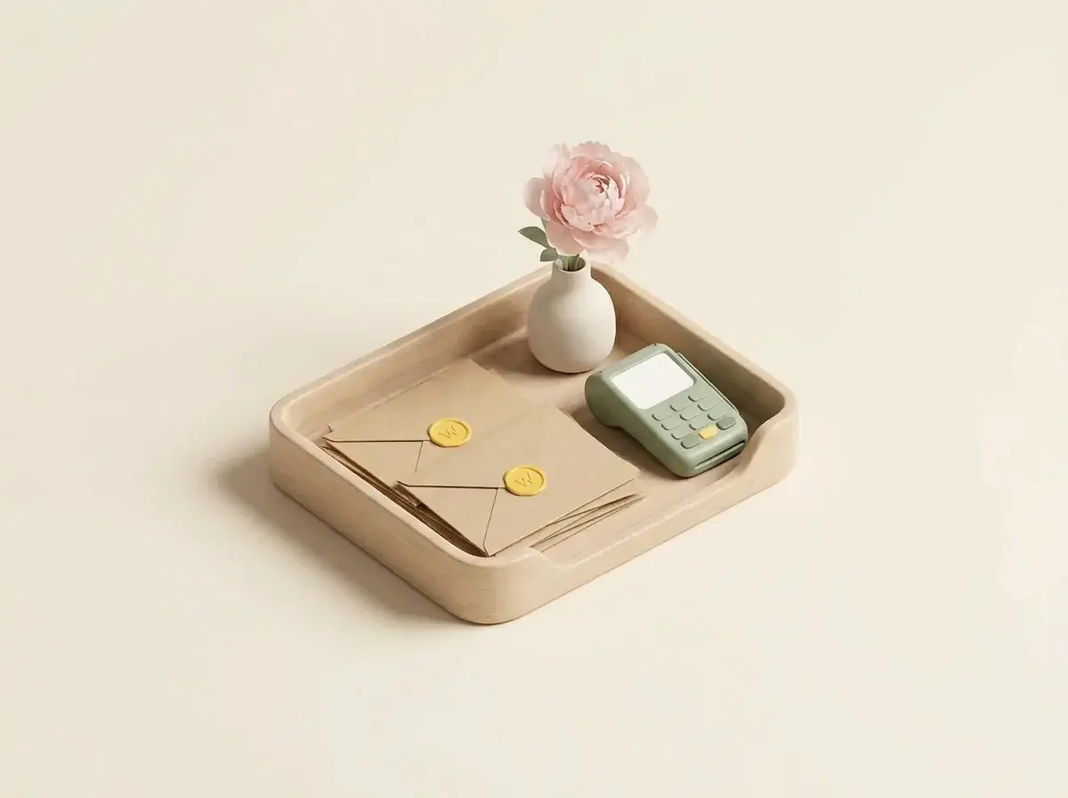 Plateau en bois avec des enveloppes kraft scellées à la cire, un terminal de paiement vert sauge et un vase d’une pivoine