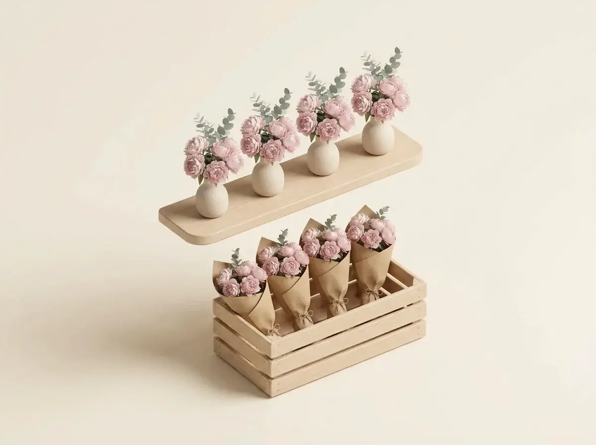Shelf of four identical vases of peonies above a wooden crate of kraft-wrapped bouquets