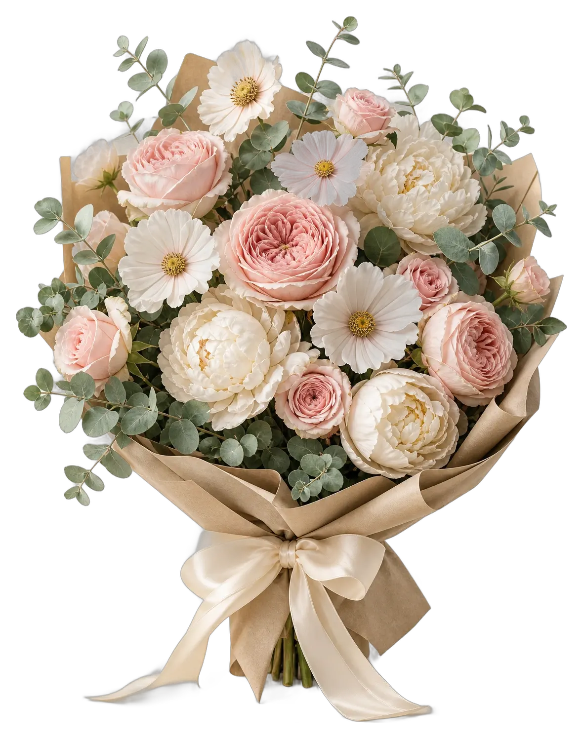 Bouquet of roses, peonies and cosmos wrapped in kraft paper with an ivory ribbon