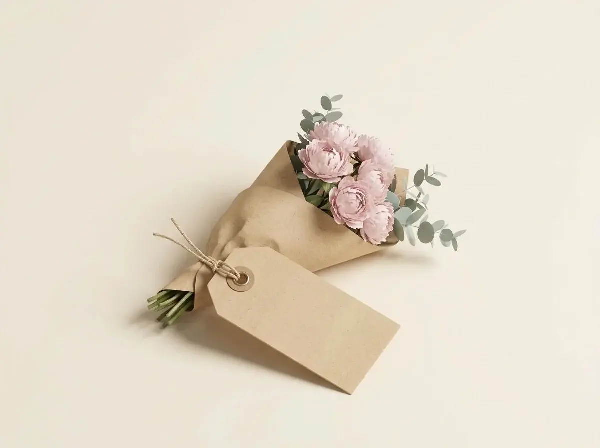 Small bouquet of pink peonies and eucalyptus wrapped in kraft paper, with a blank price tag