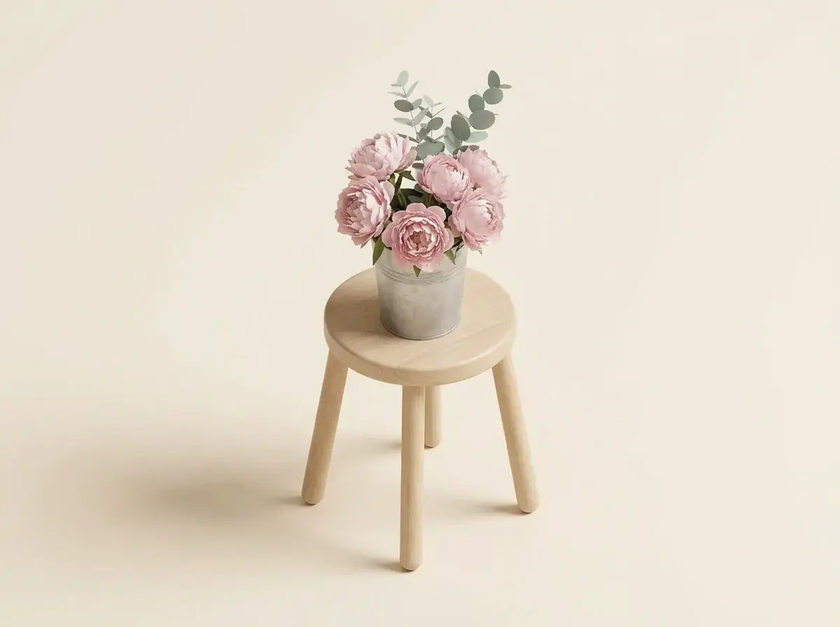 Zinc bucket of pink peonies and eucalyptus on a wooden stool