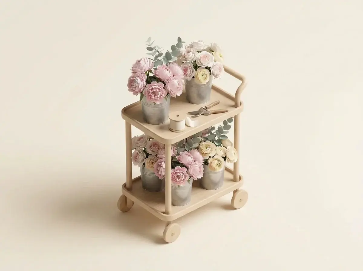 Wooden flower cart loaded with buckets of peonies and ranunculus, with secateurs and a spool of ribbon