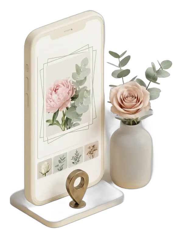Phone standing upright showing a showcase page, next to a small bouquet