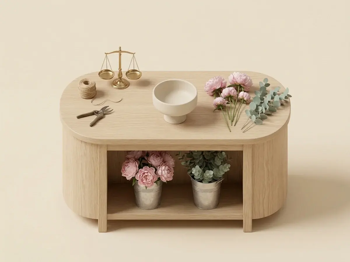 Miniature florist workbench with scales, secateurs, a bowl and buckets of peonies