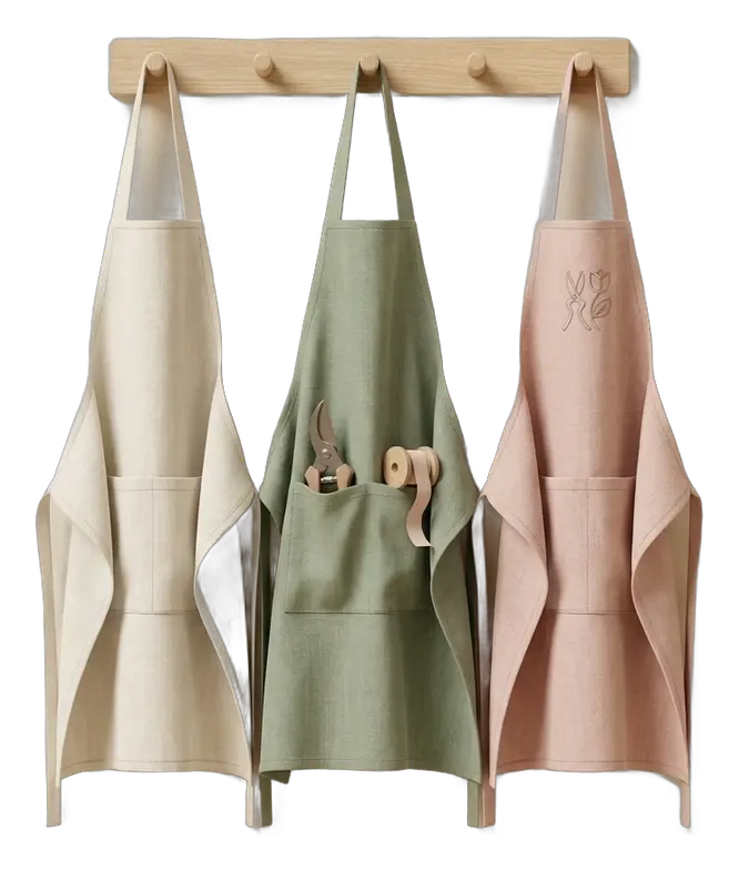 Three florist aprons hanging on wall hooks