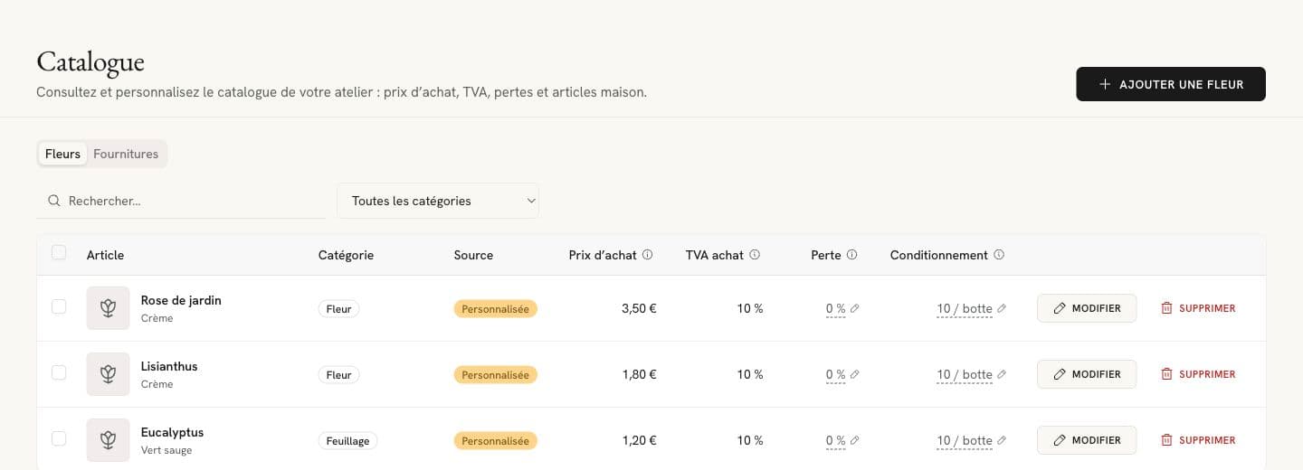 Catalogue des fleurs et prix d’achat dans Flolya