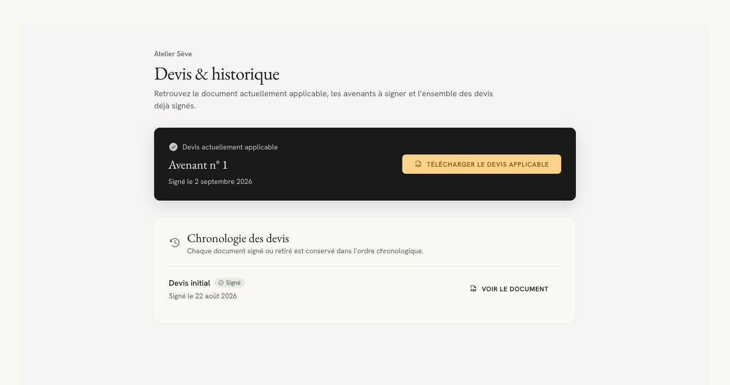 Applicable contract and signed document history in the Flolya portal