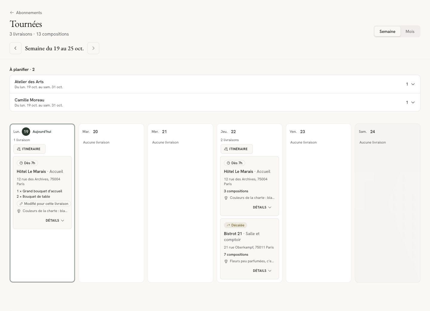 Weekly flower subscription delivery schedule in Flolya, French interface with fictional data