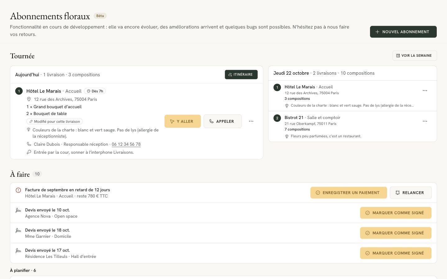 Flolya flower subscription workspace showing fictional delivery rounds and invoices