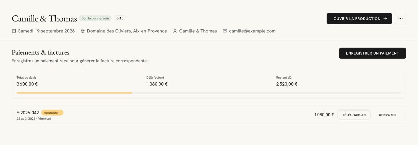 Suivi des échéances et paiements d’un événement dans Flolya