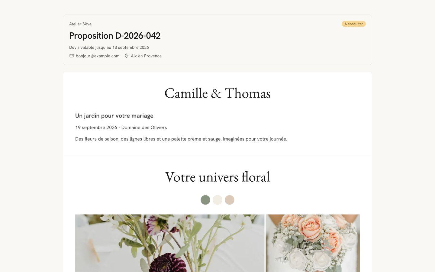 Flolya client portal showing a wedding floral proposal