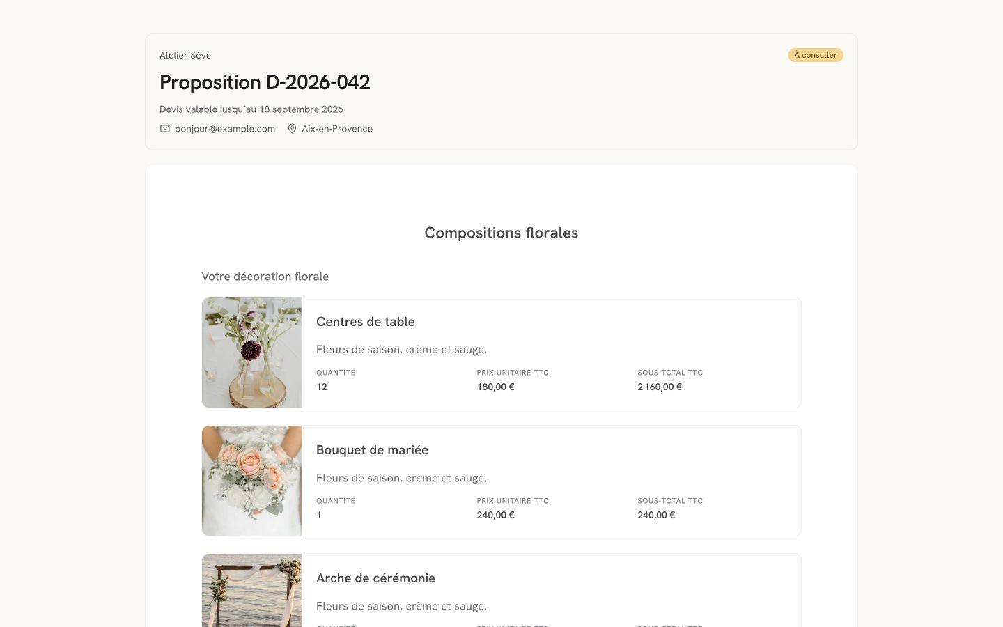 Flolya proposal showing floral compositions and prices