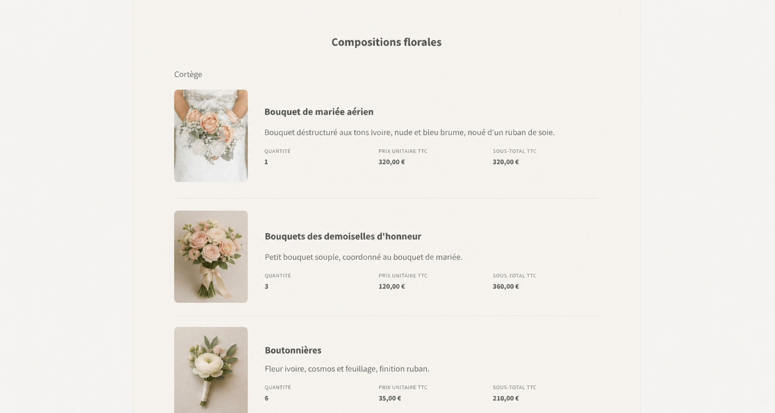 Example of a client-facing floral proposal in Flolya